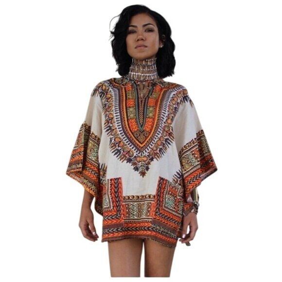 Unisex African Dashiki Top Tribal Print Kaftan Bohemian Style Beige - Picture 1 of 8